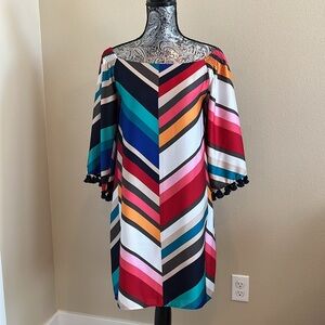Trina Turk Multicolor Striped off shoulder dress with navy tassels